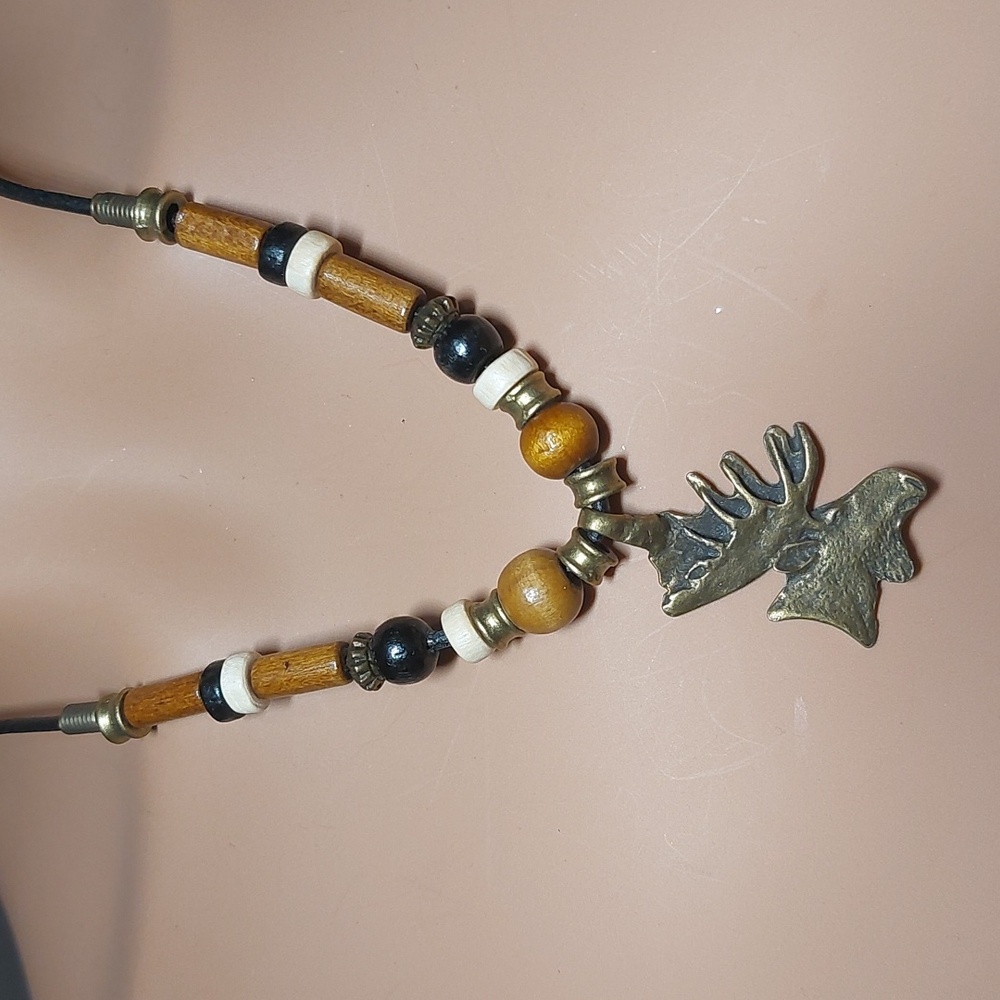 VTG 90s Mixed Wood Beaded Moose Pendant Cord Necklace Safety Hook Clasp